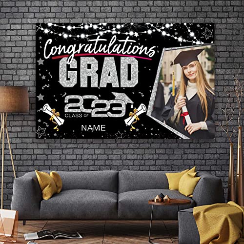 Custom Graduation Party Decorations 2023-Personalization Congratulations Graduation Banner-Class of 2023 Graduation Decorations Supplies(Black and Silver)