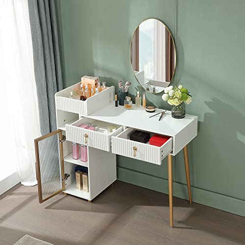 LUKYRA Vanity Desk with Drawers, Makeup Table with Storage Cabinet, White and Gold Dressing Table(Without Mirror)