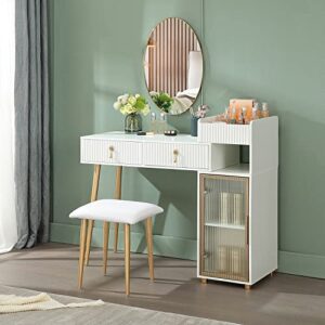 LUKYRA Vanity Desk with Drawers, Makeup Table with Storage Cabinet, White and Gold Dressing Table(Without Mirror)