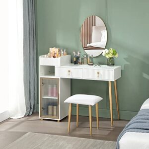 LUKYRA Vanity Desk with Drawers, Makeup Table with Storage Cabinet, White and Gold Dressing Table(Without Mirror)