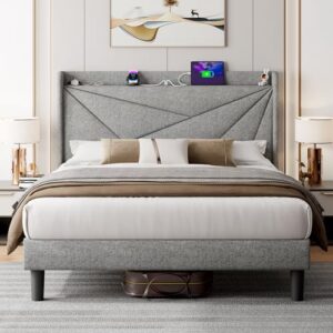 ipormis queen size upholstered platform bed frame with type c & usb ports and storage headboard, geometric bed frame with wingback, wood slats, noise-free, no box spring needed, light grey