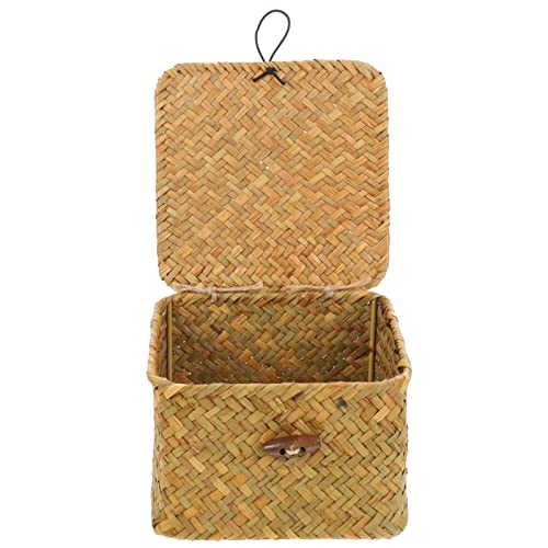 Cabilock Shelf Baskets with Lid Handwoven Seagrass Storage Box Wicker Basket Desktop Makeup Organizer Multipurpose Container for Wardrobe Home Organizer