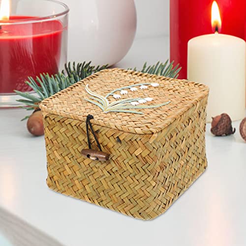 Cabilock Shelf Baskets with Lid Handwoven Seagrass Storage Box Wicker Basket Desktop Makeup Organizer Multipurpose Container for Wardrobe Home Organizer