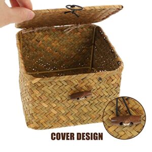 Cabilock Shelf Baskets with Lid Handwoven Seagrass Storage Box Wicker Basket Desktop Makeup Organizer Multipurpose Container for Wardrobe Home Organizer