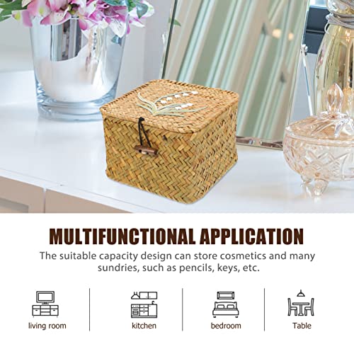 Cabilock Shelf Baskets with Lid Handwoven Seagrass Storage Box Wicker Basket Desktop Makeup Organizer Multipurpose Container for Wardrobe Home Organizer