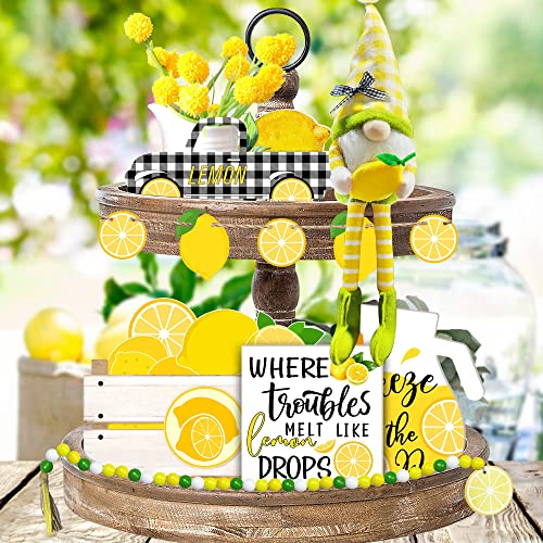 Cocomong Lemon Decor, Lemon Decorations for Kitchen, Lemon Tiered Tray Decor 6 Pieces, Farmhouse Summer Yellow Lemonade Sign for Serving Tray, Decorative Wood Block White and Black Buffalo Plaid Truck