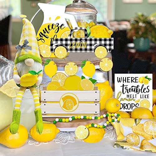 Cocomong Lemon Decor, Lemon Decorations for Kitchen, Lemon Tiered Tray Decor 6 Pieces, Farmhouse Summer Yellow Lemonade Sign for Serving Tray, Decorative Wood Block White and Black Buffalo Plaid Truck