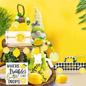 Cocomong Lemon Decor, Lemon Decorations for Kitchen, Lemon Tiered Tray Decor 6 Pieces, Farmhouse Summer Yellow Lemonade Sign for Serving Tray, Decorative Wood Block White and Black Buffalo Plaid Truck