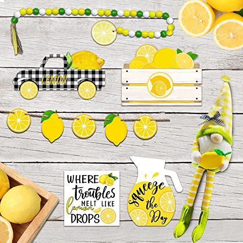 Cocomong Lemon Decor, Lemon Decorations for Kitchen, Lemon Tiered Tray Decor 6 Pieces, Farmhouse Summer Yellow Lemonade Sign for Serving Tray, Decorative Wood Block White and Black Buffalo Plaid Truck