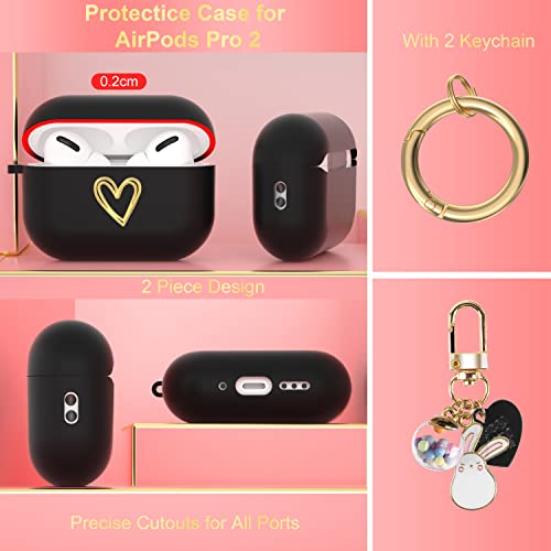 Aiiko AirPods Pro 2 Case, Apple Airpods Pro 2nd Generation Case with Gold Heart Cute Lucky Ball Keychain Compatible Airpods Pro 2nd Generation Soft TPU Airpods Pro 2 Case Cover for Girls Women(Black)