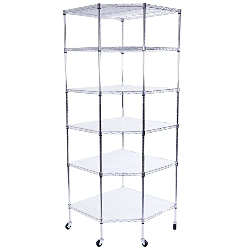 Cffuvros 6 Tiers Standing Corner Shelf, Adjustable Metal Storage Wire Shelving Unit Corner Rack Corner Shelving, with Wheels, for Restaurant，Living Room, Bathroom, Pantry，Kitchen