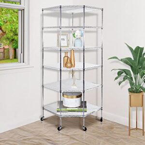 Cffuvros 6 Tiers Standing Corner Shelf, Adjustable Metal Storage Wire Shelving Unit Corner Rack Corner Shelving, with Wheels, for Restaurant，Living Room, Bathroom, Pantry，Kitchen