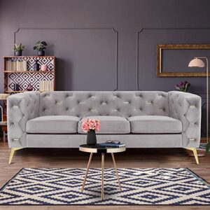 qhitty chesterfield sofa, 84'' modern 3 seater velvet accent couch with square arms and metal tufted button, metal legs for living room, office, bedroom (grey)