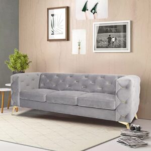 QHITTY Chesterfield Sofa, 84'' Modern 3 Seater Velvet Accent Couch with Square Arms and Metal Tufted Button, Metal Legs for Living Room, Office, Bedroom (Grey)