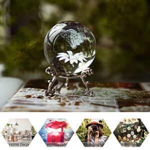 HDCRYSTALGIFTS 3D Laser Crystal Butterfly Flower Figurine Crystal Decorative Ball Paperweight with Silver-Plated Flowering Stand Glass Sphere Home Decor Gift (60mm,2.4inch)