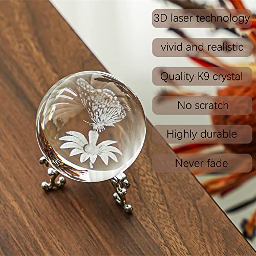 HDCRYSTALGIFTS 3D Laser Crystal Butterfly Flower Figurine Crystal Decorative Ball Paperweight with Silver-Plated Flowering Stand Glass Sphere Home Decor Gift (60mm,2.4inch)