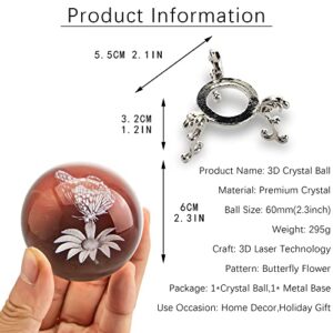 HDCRYSTALGIFTS 3D Laser Crystal Butterfly Flower Figurine Crystal Decorative Ball Paperweight with Silver-Plated Flowering Stand Glass Sphere Home Decor Gift (60mm,2.4inch)