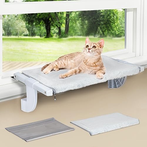 Zoratoo Window Sill Mount Cat Perch for Indoor Cats, One-Step Sliding Adjustment Cat Hammock Window Seat with Removable Two Fabrics Covers, No Suction Cups Cat Beds for Windowsill & Bedside (L)