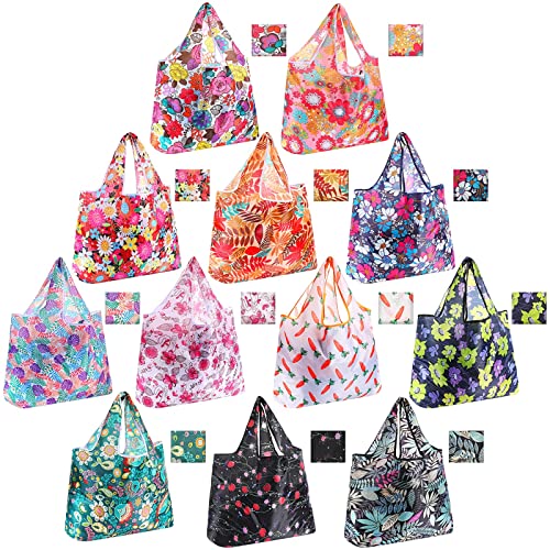 12 Pieces Reusable Grocery Bags Large Nylon Reusable Bags Foldable Shopping Bags Grocery Tote Machine Washable Heavy Duty Friendly Bags Waterproof with Pouch Tote Bags, Classic Style Multicolor