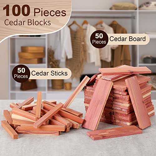 100 Pcs Cedar Blocks for Clothes Storage Natural Fragrance Wood Planks Cedar Chips with Cedar Balls/Cedar Sticks for Closet Storage Kitchen Wall and Drawer Accessories (Blocks and Sticks)