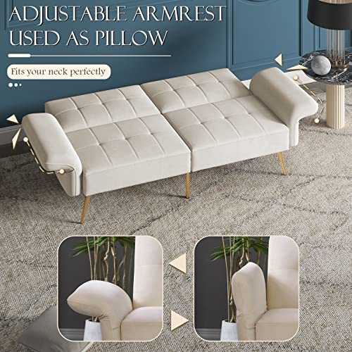 GEEVIVO 78” Velvet Futon Sofa Bed w/Adjustable Armrests,Convertible Futon Couch with Side Bags,Modern Sleeper Loveseat Sofa for Living Room,Bedroom