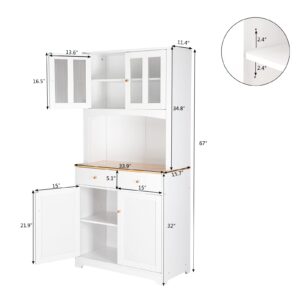 VINGLI Buffet Cabinet with Hutch Kitchen Pantry Storage White Sideboard for Microwave Storage, 4 Doors, 2 Adjustable Shelves & Drawers