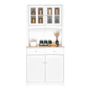 VINGLI Buffet Cabinet with Hutch Kitchen Pantry Storage White Sideboard for Microwave Storage, 4 Doors, 2 Adjustable Shelves & Drawers