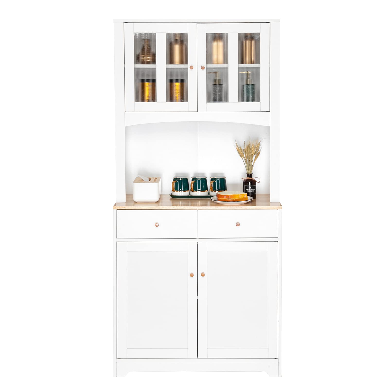 VINGLI Buffet Cabinet with Hutch Kitchen Pantry Storage White Sideboard for Microwave Storage, 4 Doors, 2 Adjustable Shelves & Drawers