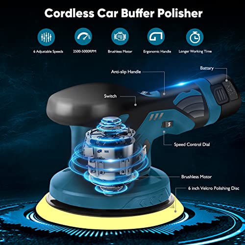 TDT Cordless Car Buffer Polisher with Rechargeable 2pcs 12V Lithium Battery, 6 Variable Speed, Wireless Buffer Polisher Kit for Car Detailing Brushless Polisher with 2 Battery for Waxing