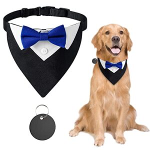 urroma 1 pack blue bow formal dog tuxedo bandana, adjustable blue dog wedding collar pet costume neckerchief for small dogs and cats, l