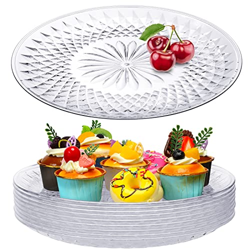 10 Pcs Round Serving Platter Reusable Acrylic Crystal Flan Plate Plastic Tray Clear Round Serving Tray for Food Cake Cookie Fruits Birthday Wedding Party (12 Inch)