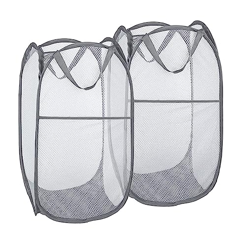 Buenod 2 Pack Pop Up Laundry Hampers, Collapsible Mesh Laundry Basket, Foldable Clothes Hampers for Bathroom, College Dorm, Travel (Grey)