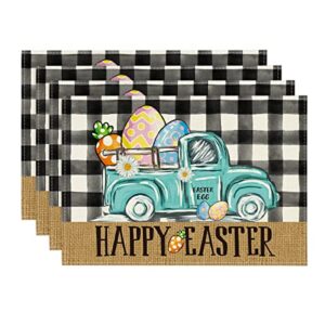 artoid mode buffalo plaid carrot egg truck daisy happy easter placemats set of 4, 12x18 inch seasonal table mats for party kitchen dining decoration
