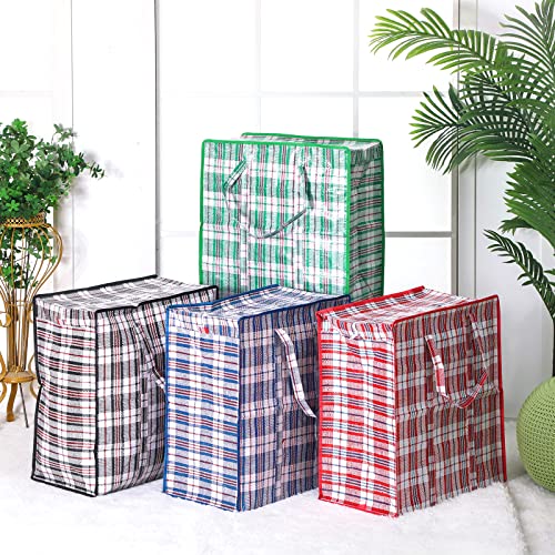 Set of 8 Checkered Large Laundry Bag with Zipper 82.5 L Plaid Moving Bags Plastic Storage Bags Moving Totes with Handles for Packing Clothes Travel Bedding Blanket, 19.7 x 21.7 x 11.8 Inch, 4 Colors