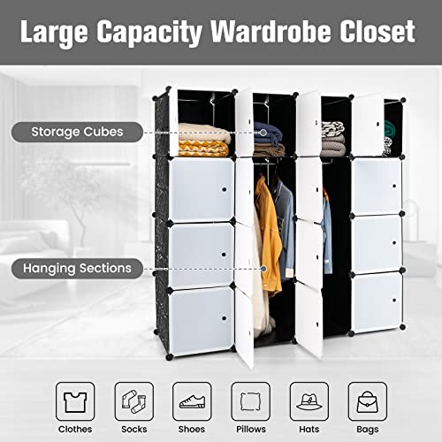 GOFLAME Portable Wardrobe Closet, 16-Cube Storage Organizer with 16 Doors & 2 Hanging Rods, Modular Clothes Dresser, Bedroom Armoire, Cube Shelf Cabinet for Clothes, Toys, Towels, Books, Tools