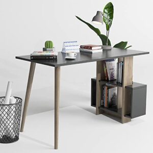 modeazy side modern style home office working desk, room decor, storage shelves study writing table, walnut & anthracite