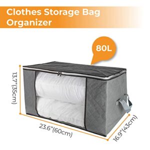 3 Pack, 80L, Large Capacity Clothes Storage Bag Organizer with Reinforced Handle Thick Fabric for Comforters, Blankets, Bedding, Foldable with Sturdy Zipper, Clear Window