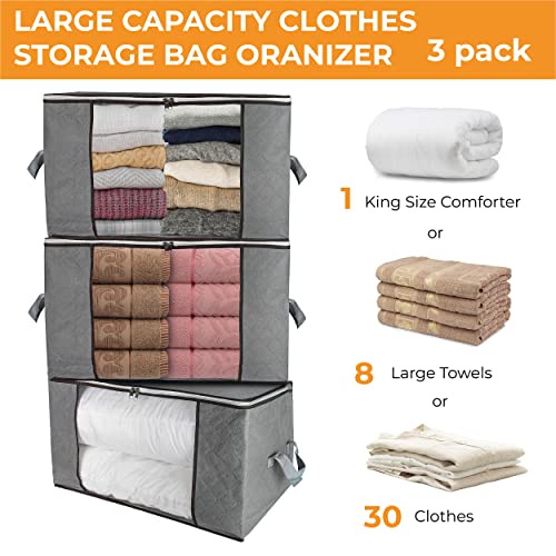 3 Pack, 80L, Large Capacity Clothes Storage Bag Organizer with Reinforced Handle Thick Fabric for Comforters, Blankets, Bedding, Foldable with Sturdy Zipper, Clear Window