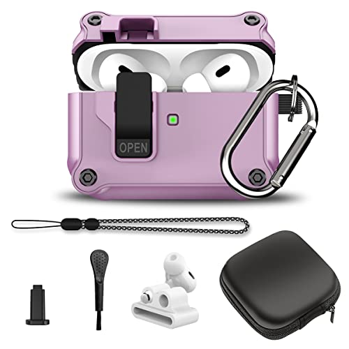 YIPINJIA Case for Airpods Pro 2nd/1st Generation with Lock, PC+TPU Silicone Air pods Pro 2 Case for Men Women, Shockproof Protective Case Cover for AirPods Pro 2/1 with Lanyard & Keychain (Purple)