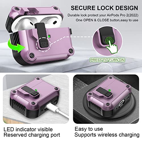 YIPINJIA Case for Airpods Pro 2nd/1st Generation with Lock, PC+TPU Silicone Air pods Pro 2 Case for Men Women, Shockproof Protective Case Cover for AirPods Pro 2/1 with Lanyard & Keychain (Purple)