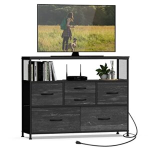 simoretus tv stand with power outlet and fabric drawers entertainment center for tv up to 45 inch industrial open storage shelf media console dresser for living room bedroom charcoal black