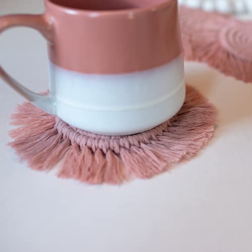 Macrame Boho Blush Coasters, Handmade Cute Woven Coaster Set, Chic Table Boho Decor Accents for Table or Desk, Boho Desk Decor Accessory 2Pink- Ivy Market