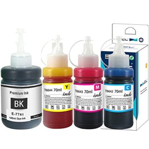 lcl compatible refill ink bottle replacement for 774 664 t7741 t6642 t6643 t6644 t774120 t664220 t664320 t664420 et-2500 et-2550 et-2600 et-2650 (4-pack,black pigment 140ml,cmy dye 70ml)