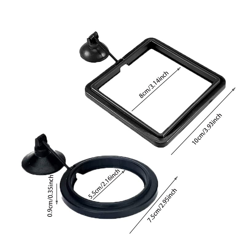 RIENER 4pcs Black Fish Feeding Ring Floating Food Square, Suitable for Flakes and Floating Fish Food for Goldfish (Round and Square)