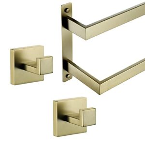 KOKOSIRI 24'' Towel Bars Bathroom 2-Tiers Ladder Bath Towel Hook Wall Mount Square Robe Hook Coat Hook Brushed Gold B5008BG-L24+B1010BG-P2