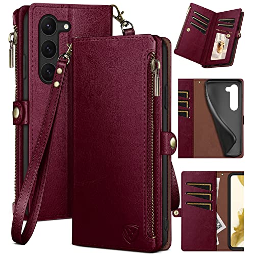 XcaseBar for Samsung Galaxy S23 5G Wallet case with Zipper Credit Card Holder 【RFID Blocking】, Flip Folio Book PU Leather Phone case Shockproof Cover Women Men for Samsung S23 case Wine Red