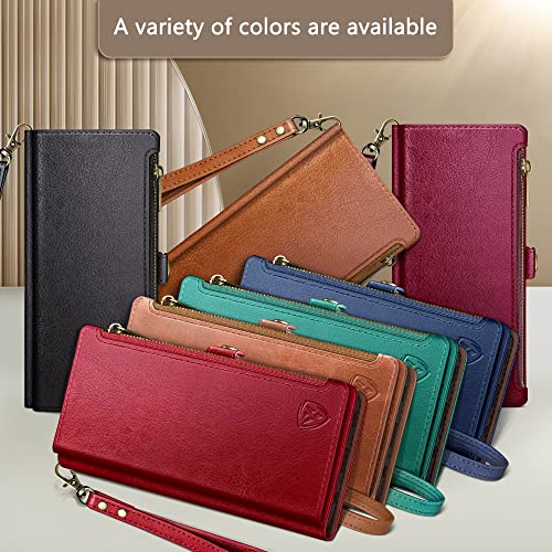 XcaseBar for Samsung Galaxy S23 5G Wallet case with Zipper Credit Card Holder 【RFID Blocking】, Flip Folio Book PU Leather Phone case Shockproof Cover Women Men for Samsung S23 case Wine Red