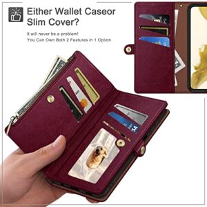 XcaseBar for Samsung Galaxy S23 5G Wallet case with Zipper Credit Card Holder 【RFID Blocking】, Flip Folio Book PU Leather Phone case Shockproof Cover Women Men for Samsung S23 case Wine Red