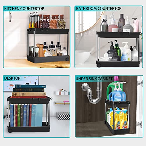 [Upgrade Wheels] 2 Packs Under Sink Organizers and Storage, Durmmur Multi-Purpose 2 Tier Bathroom Organization Countertop or Undersink Shelf, Kitchen Under Cabinet Container Basket Caddy with Hooks