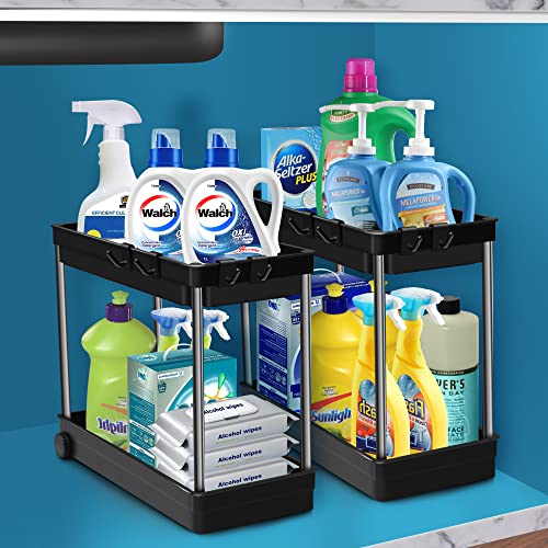 [Upgrade Wheels] 2 Packs Under Sink Organizers and Storage, Durmmur Multi-Purpose 2 Tier Bathroom Organization Countertop or Undersink Shelf, Kitchen Under Cabinet Container Basket Caddy with Hooks